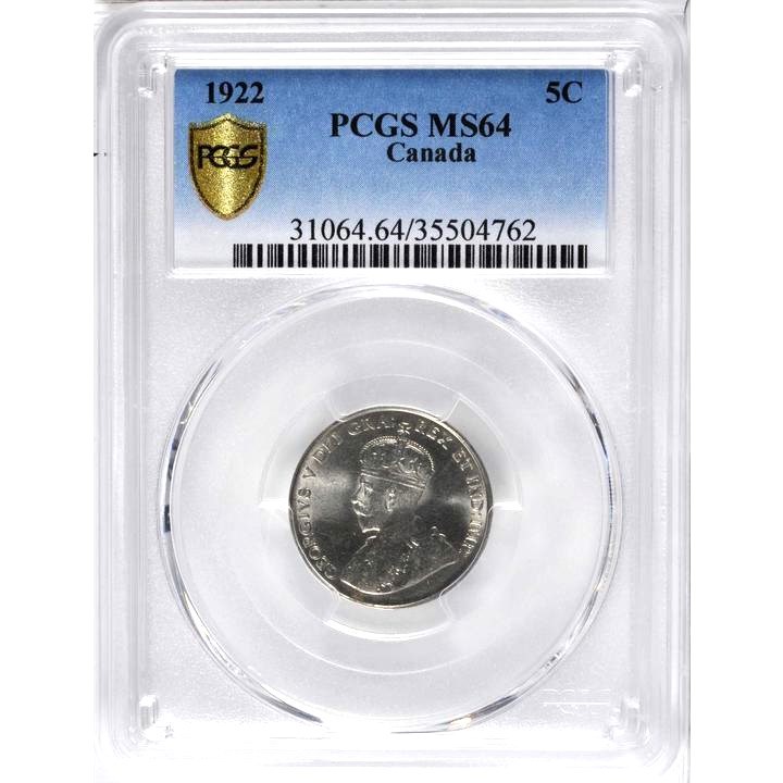 1922 Canada 5 Cents, PCGS MS 64, Attractive Example, KM 29.