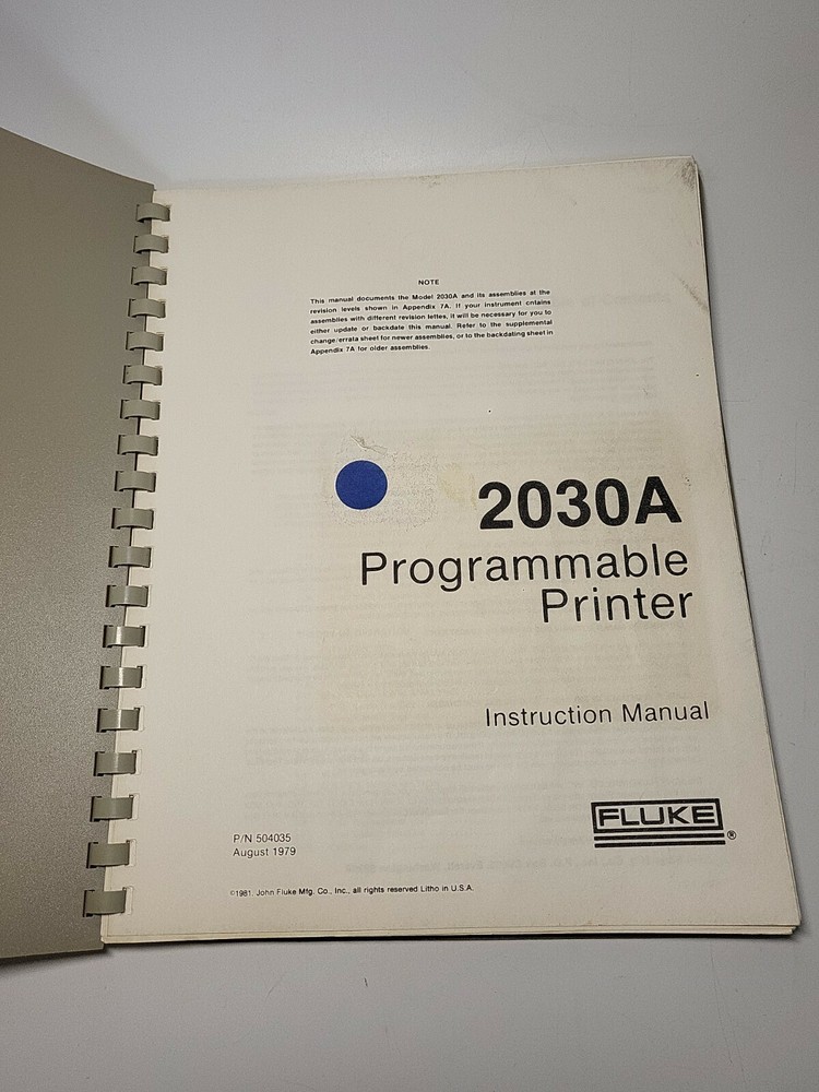 Fluke Model 2030A ~ Programmable Printer Instruction Manual ~ PN: 504035