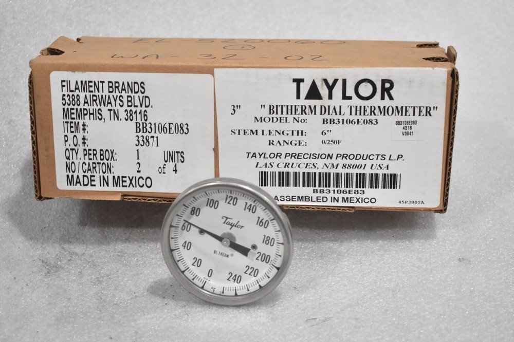 TAYLOR BB3106E083 BITHERM DIAL THERMOMETER 0/250 DEGREE RANGE, 6" STEM