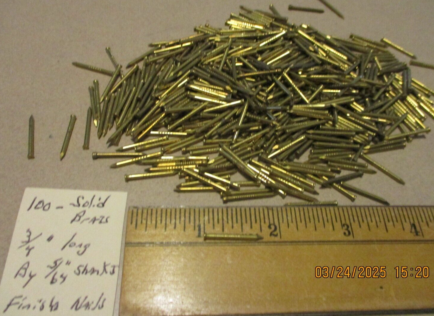 100 - ORIG. VINTAGE, 3/4" X 5/64" - SOLID BRASS FINISH NAILS MADE IN U.S.A.