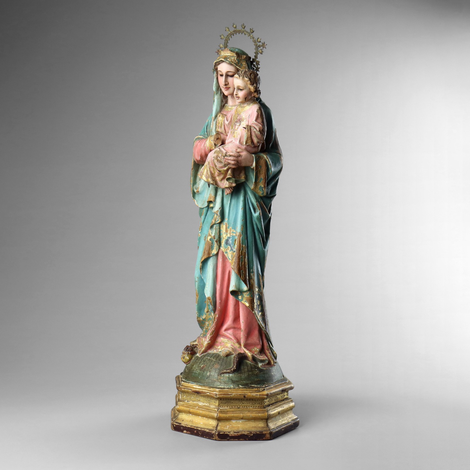 Antique 19th Century Carved Wood Polychrome Virgin Mary Madonna & Child Statue