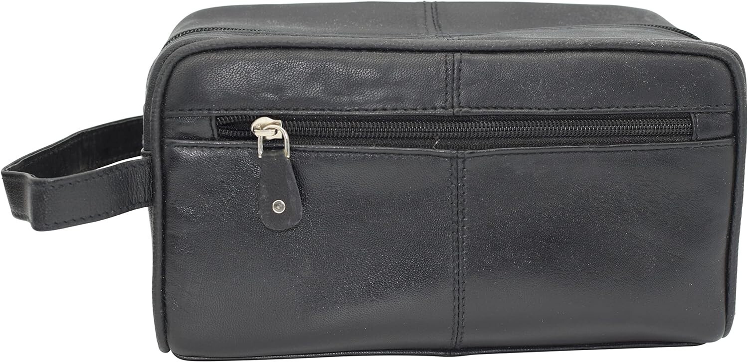 Black Leather Travel Toiletry Bag Zipper Case Organizer Shaving Portable Dopp