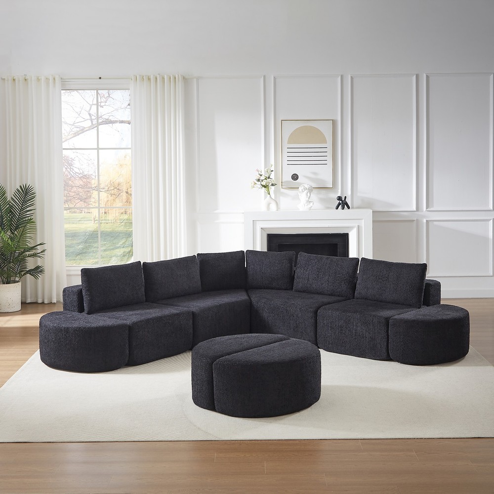 Modular sofa set in chenille fabric, featuring six decorative pillows and four