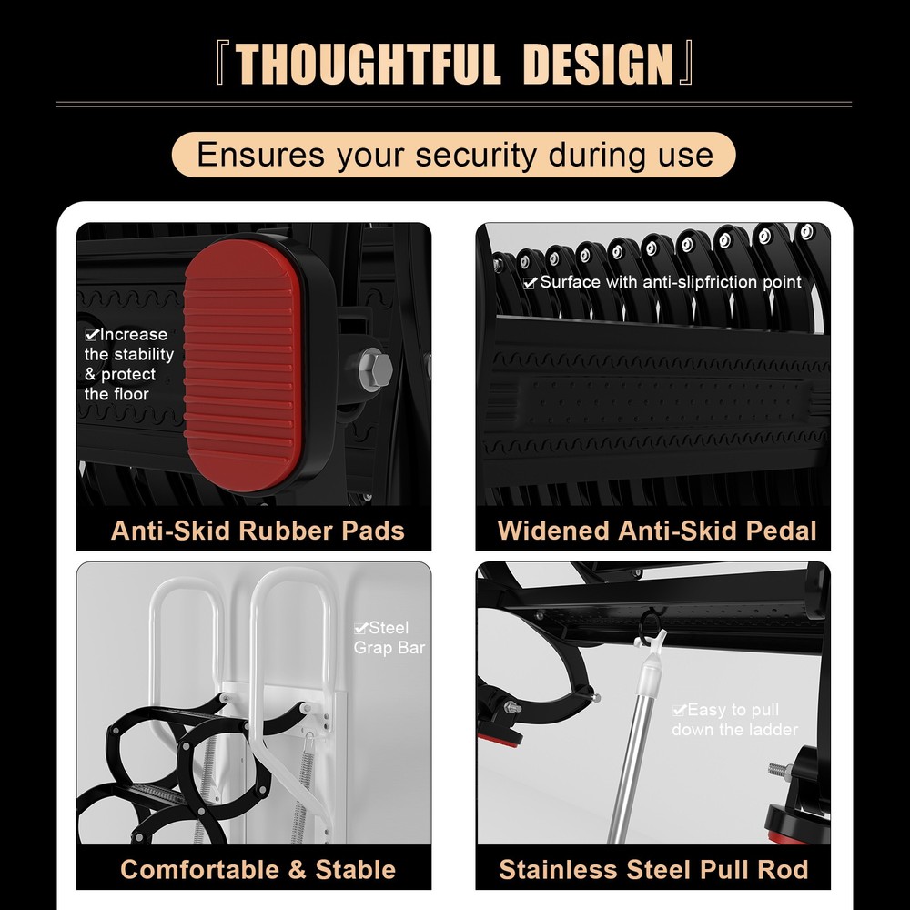 Wall Mounted Folding Ladder Black Loft Attic Stairs Pull down 12 Steps👍