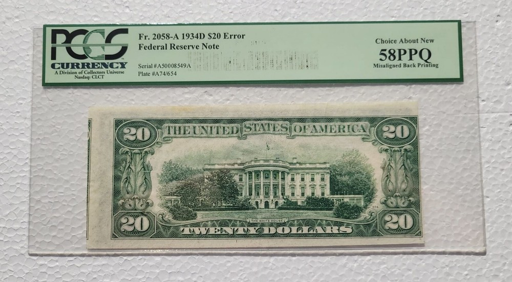1934 $20 FEDERAL RESERVE ♚ Misaligned Back Printing ♚ ERROR NOTE PCGS 58PPQ