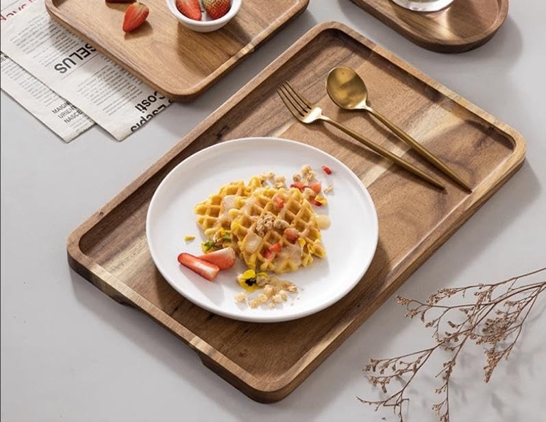 2 PCS Solid Acacia Wood Serving Trays Rectangular Wooden Serving Platters Nat...
