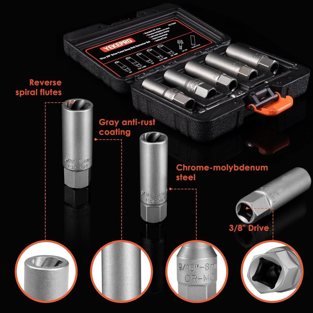 16pcs 3/8" Deep Well Bolt Extractor Set Spark Plug Removal Extraction Socket