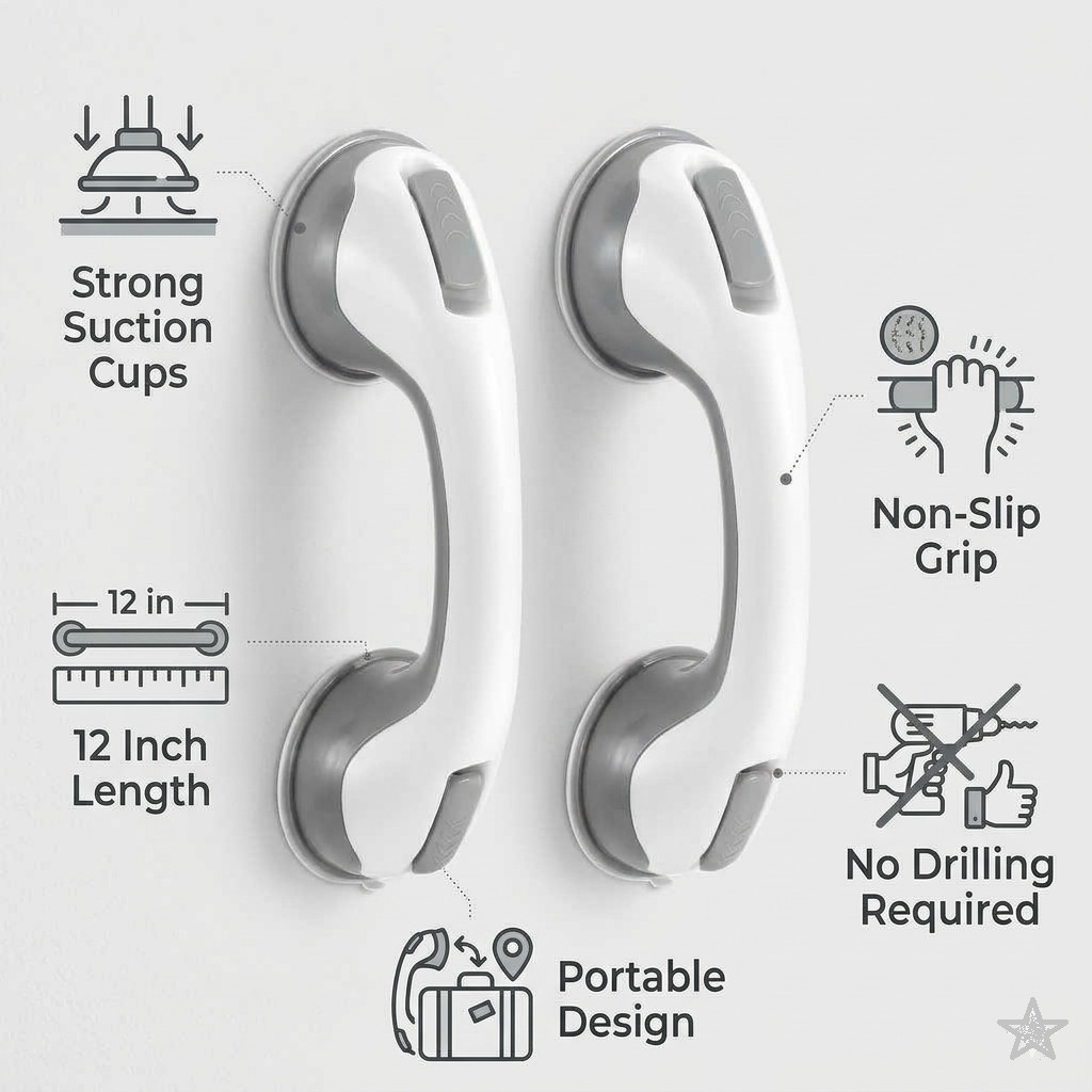 Shower Handle 2 Pack 12" Grab Bars Suction Grip Handicap Elderly Bathroom Safety