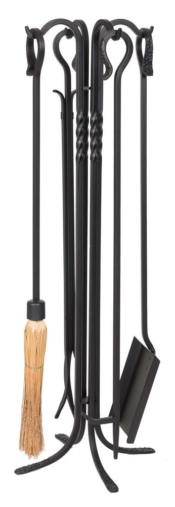 Dagan Five Piece Wrought Iron Fireplace Tool Set, Black