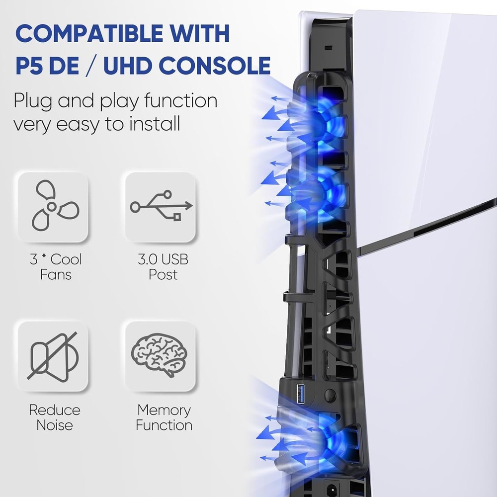 Enhanced PS5 Slim Cooling Fan - LED Light, Auto Memory Function, Compact Design