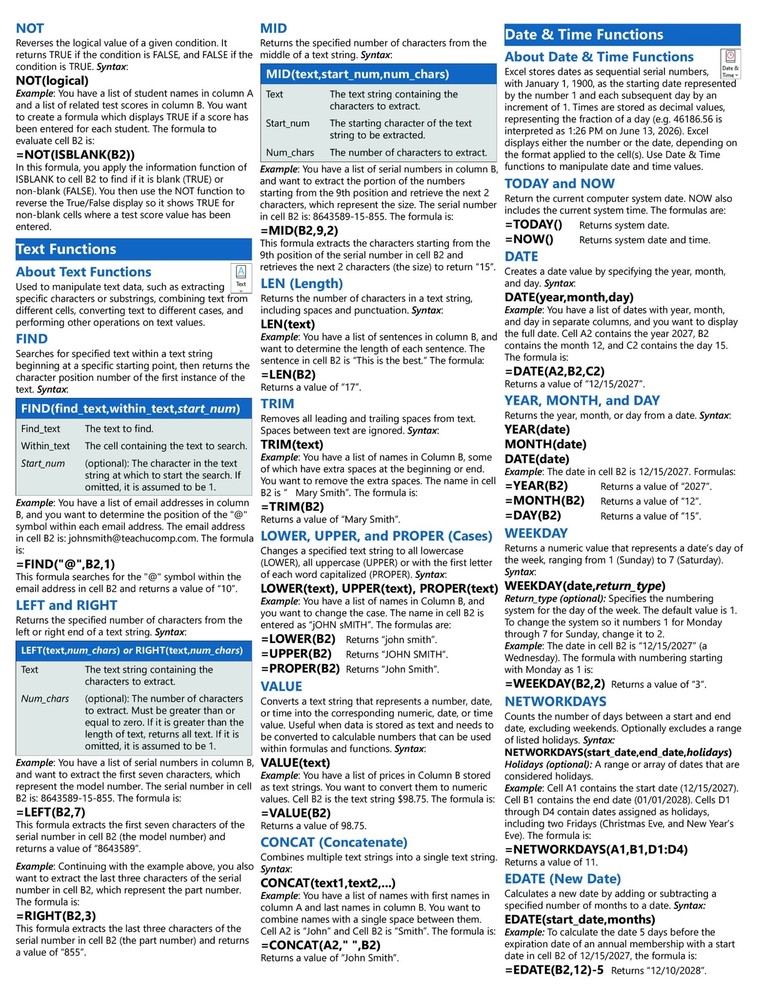 Microsoft Excel Formulas and Functions Quick Reference Training Cheat Sheet