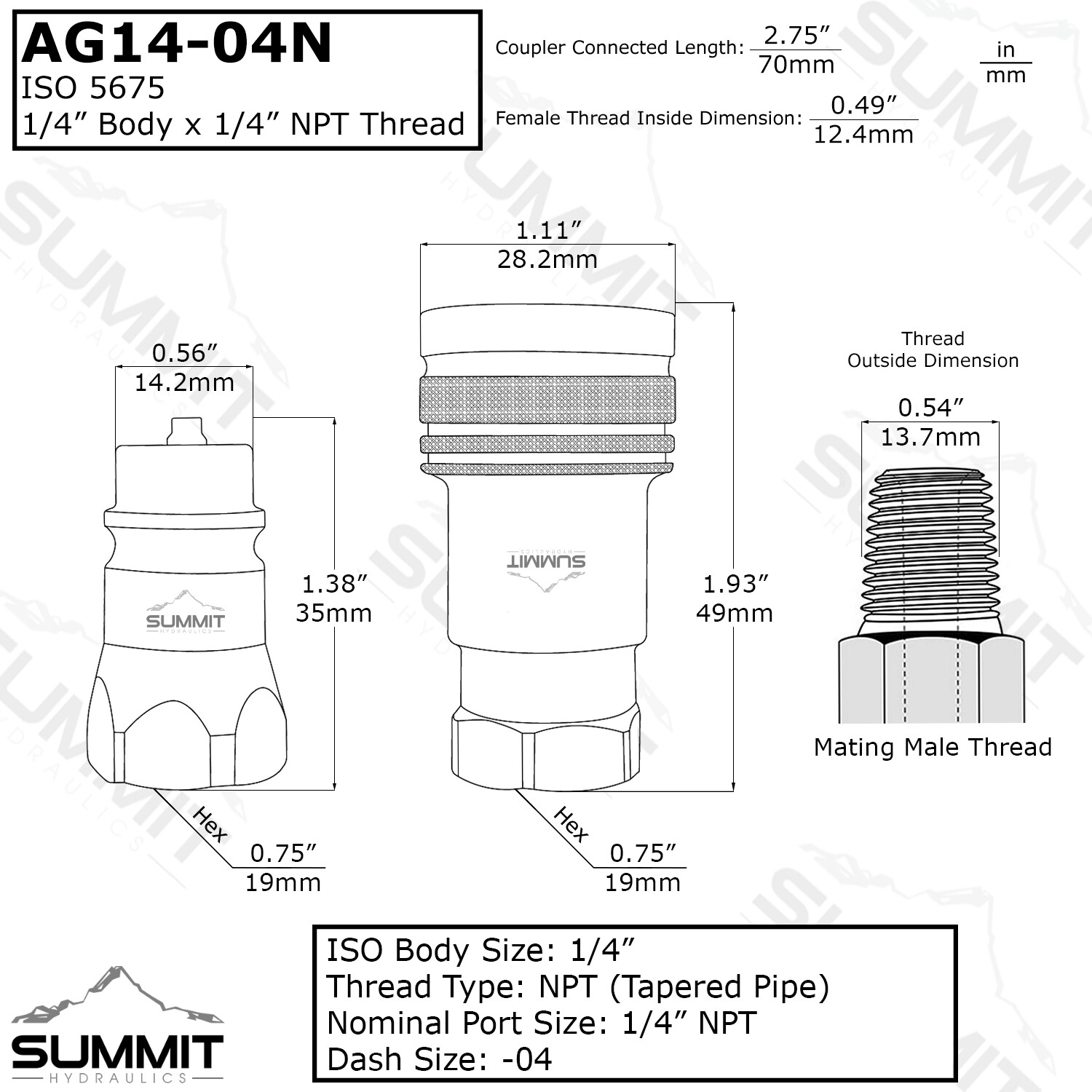 1/4” Ag ISO 5675 Hydraulic Quick Disconnect Male Coupler, 1/4” NPT Thread