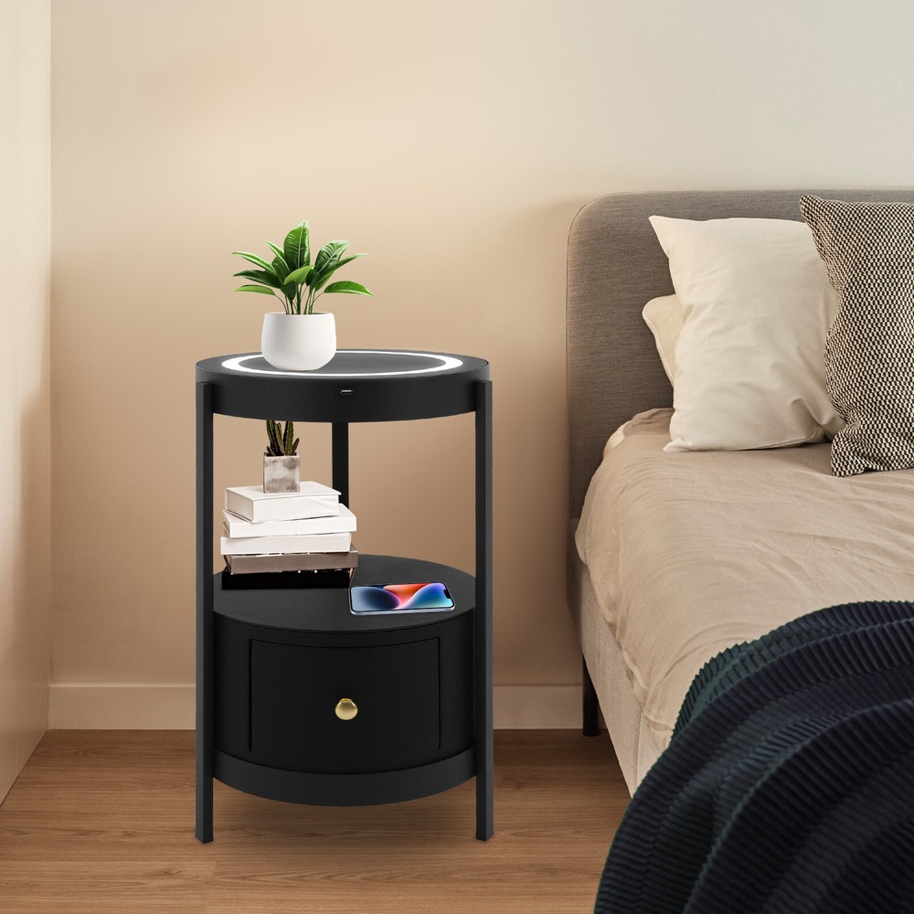 LED Nightstand w/ Black Drawer Side Table with USB & Wireless Charging