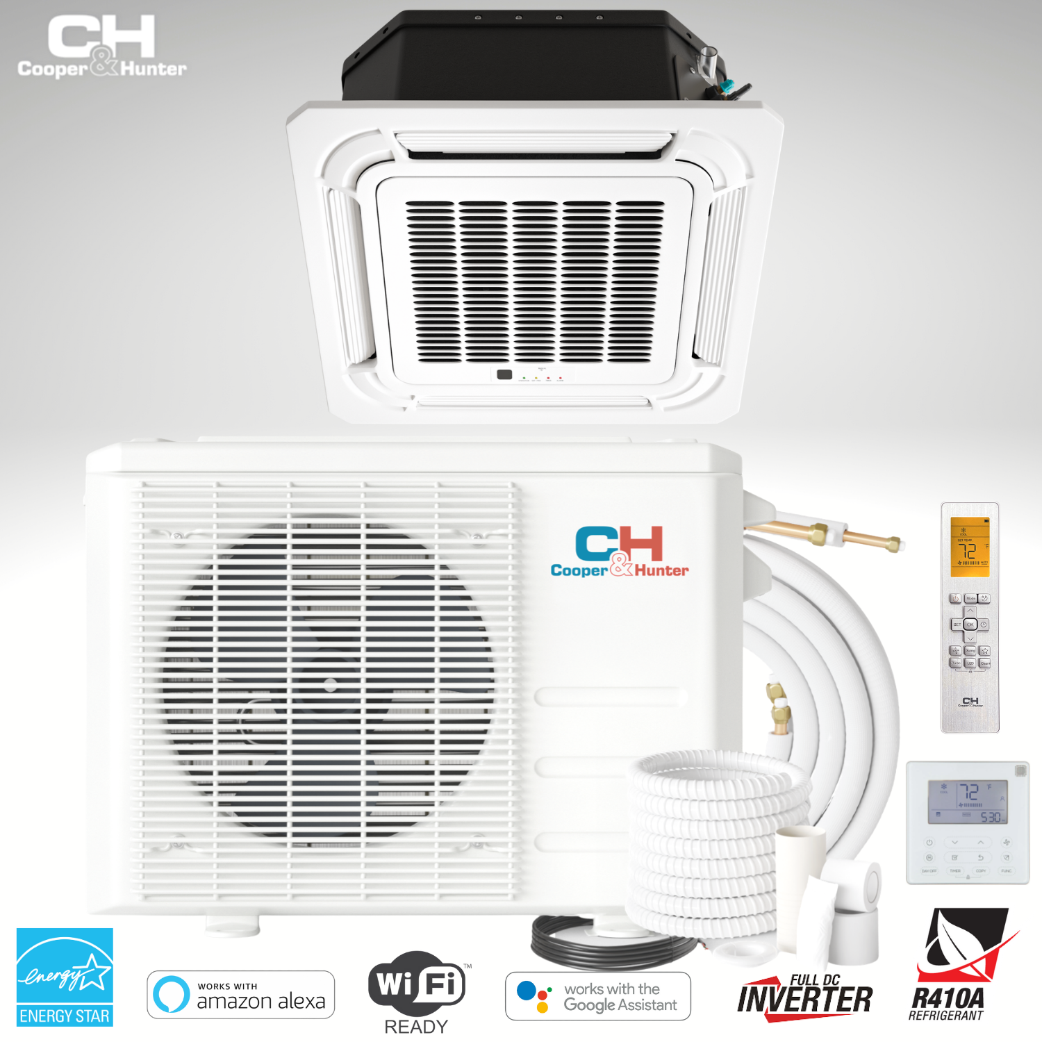 24000 - 48000 BTU 230V Ceiling Cassette Mini Split Heat Pump Air Conditioner