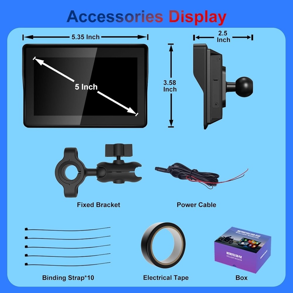 Wireless CarPlay for Motorcycle, 5" Touchscreen with Android Auto, IP67 Water