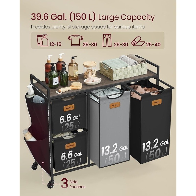 Spacious Mobile Laundry Cart W/ Removable Liners & Sorting Labels 4 Compartments