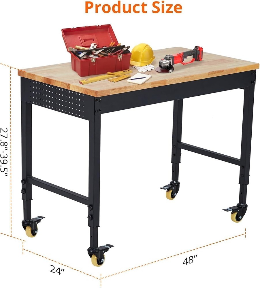 Workbench 48" x 24" Adjustable Height Worktable w/Power Outlets & Wheels 2000 Lb