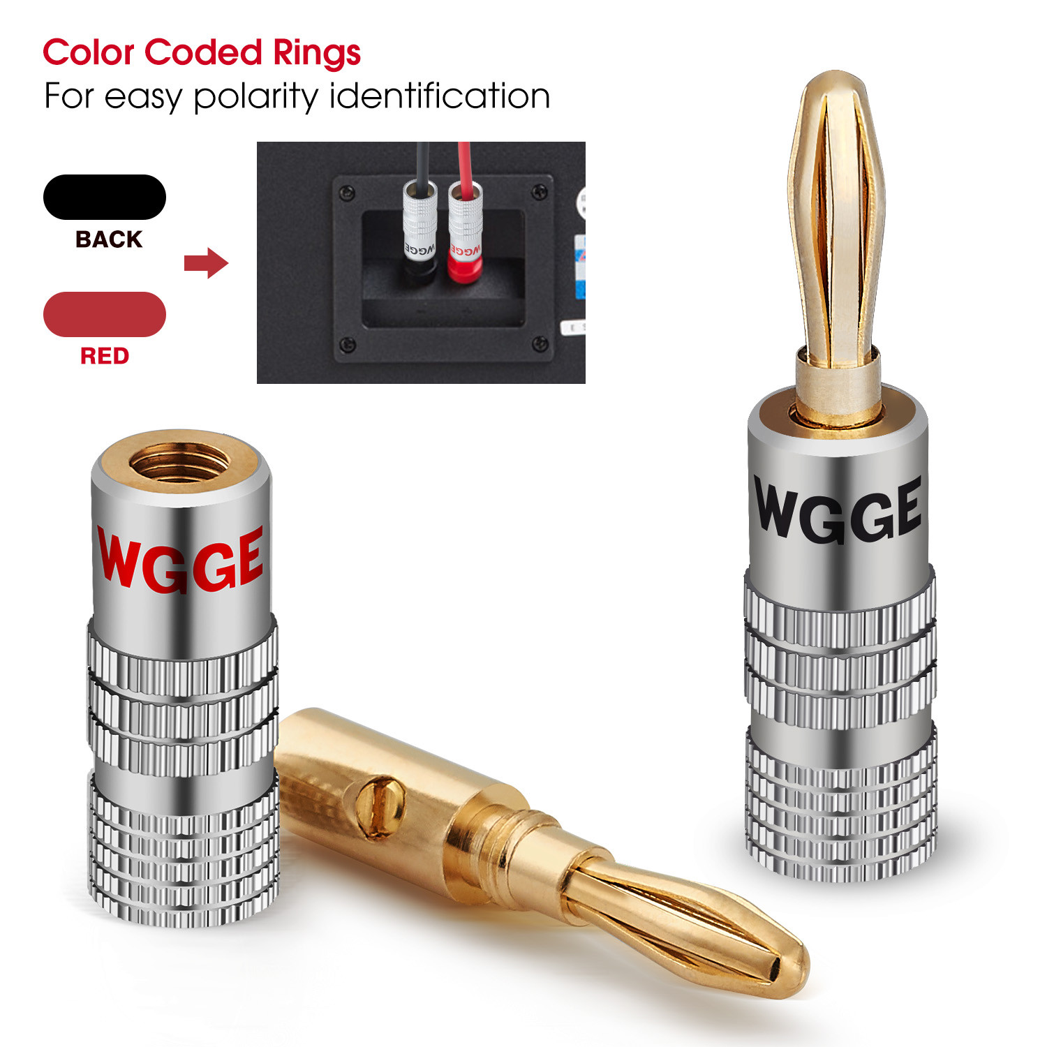WGGE WG-009 Banana Plugs Audio Jack , 24k Gold Dual Screw Lock Speaker (6 Pairs)