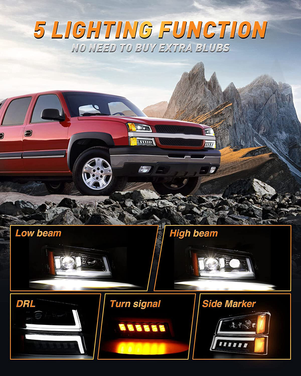 DOT LED Headlights DRL Bumper Lamps For 2003-07 Chevy Silverado 1500 2500 3500