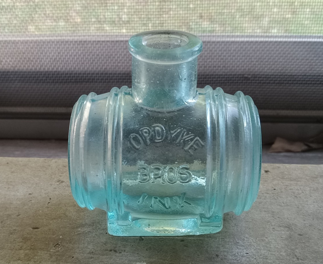 OPDYKE BROS INK 1880 AQUA BARREL FIGURAL INK BOTTLE FRENCHTOWN,NJ?