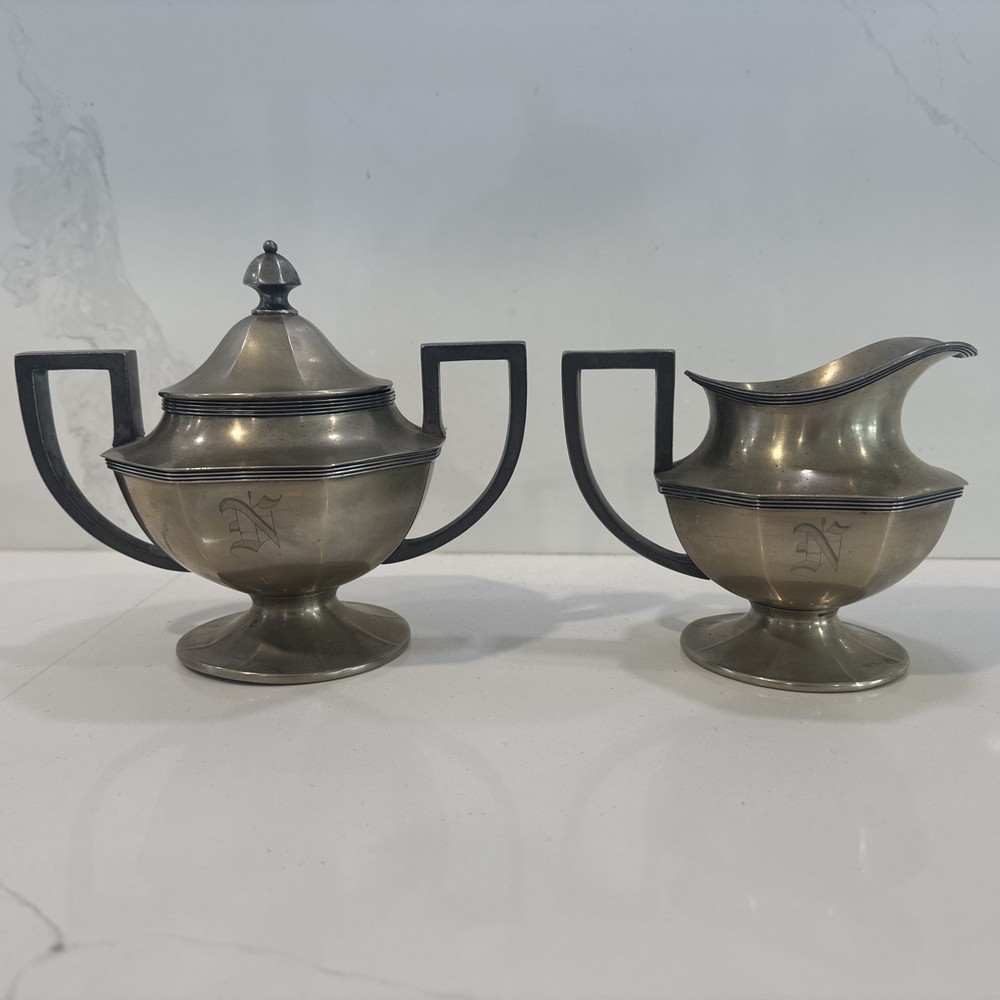 Vintage Double Handle Sugar And Creamer Set Engraved