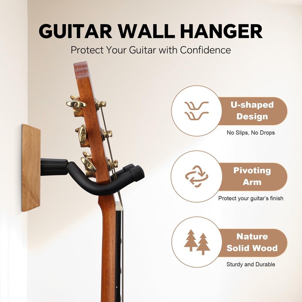 Bandpop Guitar Wall Mount 4 Pack - Solid 2 Pack, Nature Beech Wood 4pack