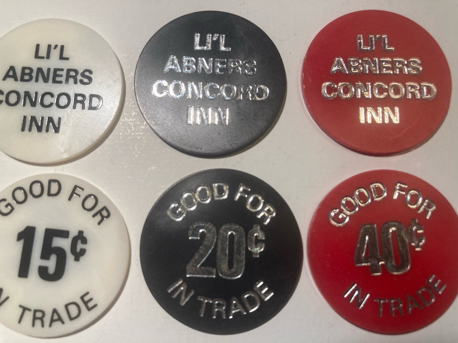3 pcs Good For Tokens Li’l Abners Concord Inn 15c, 20c, 40c FREE SHIPPING