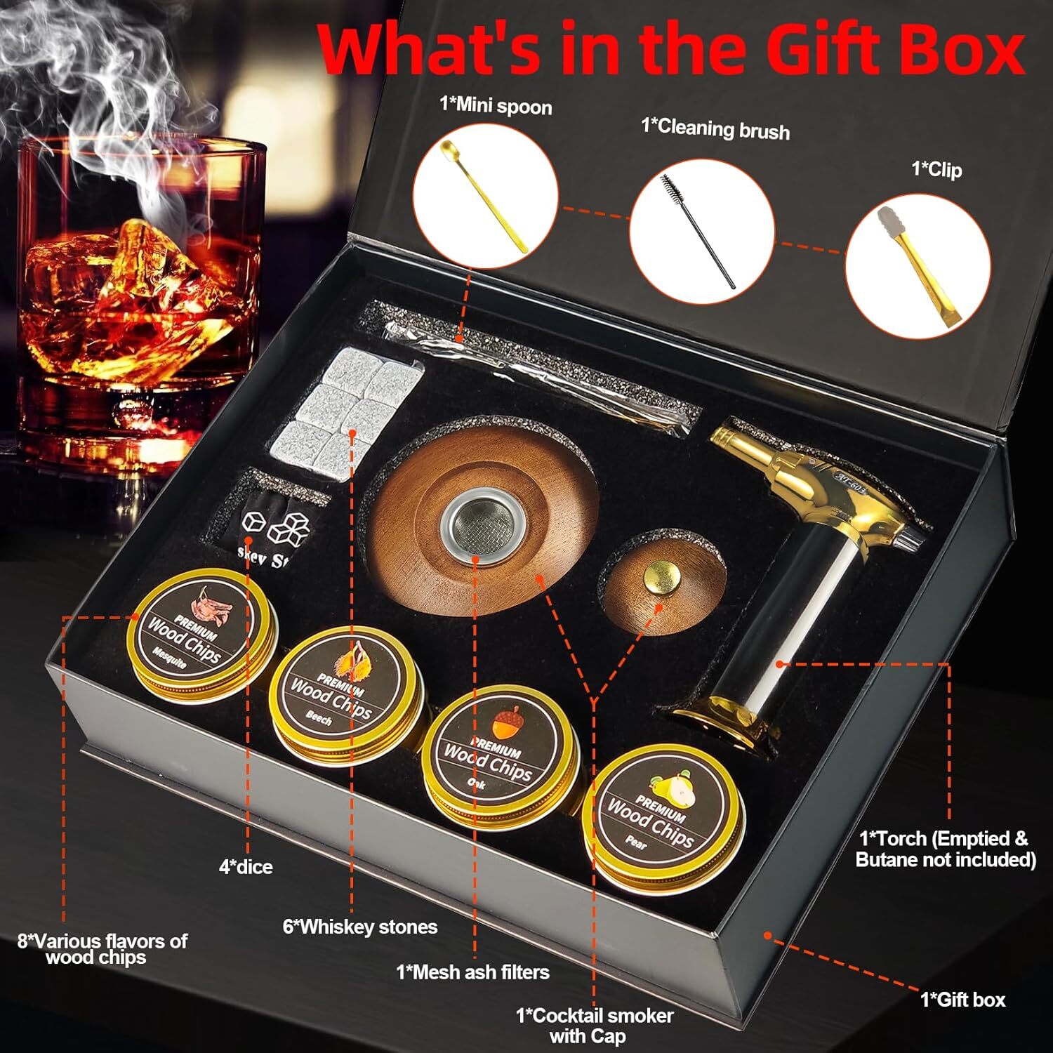 Cocktail Smoker Kit Whiskey Smoker Kit W/ Torch 8 Flavors Wood Chips for Whiskey
