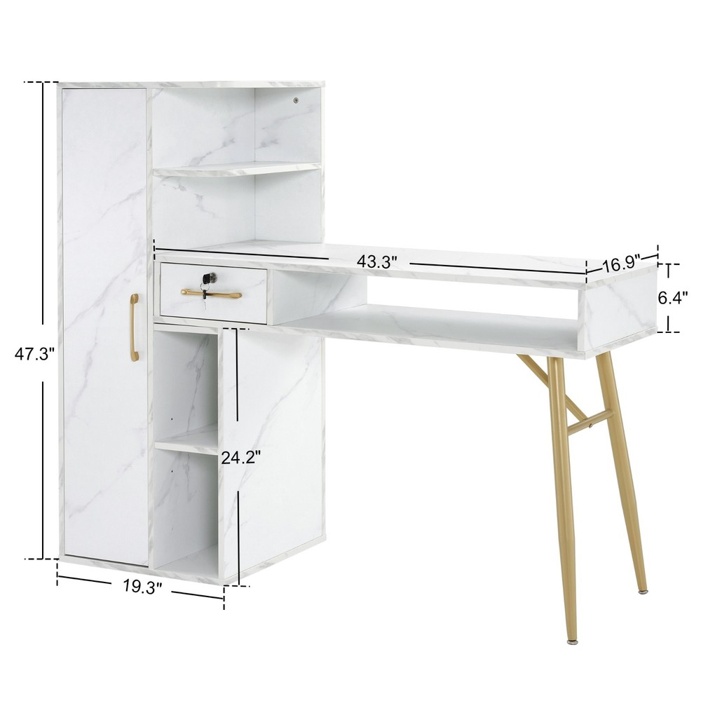 Manicure Table, Nail Desk with Marble Texture, Nail Table with Lockable Drawer