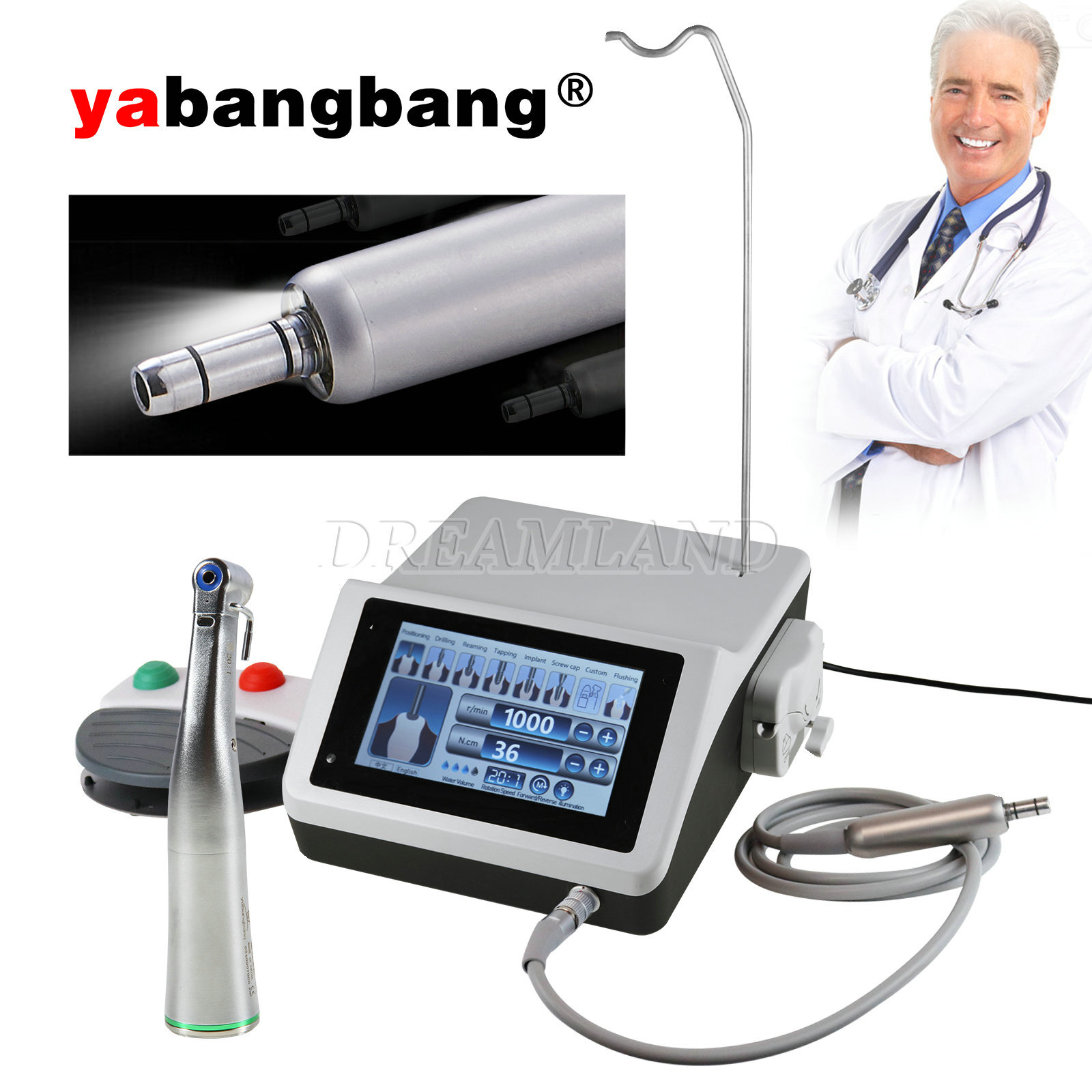 Dental Surgical Implant Motor Touch Screen w/ LED Fiber Optic 20:1 Contra Angle