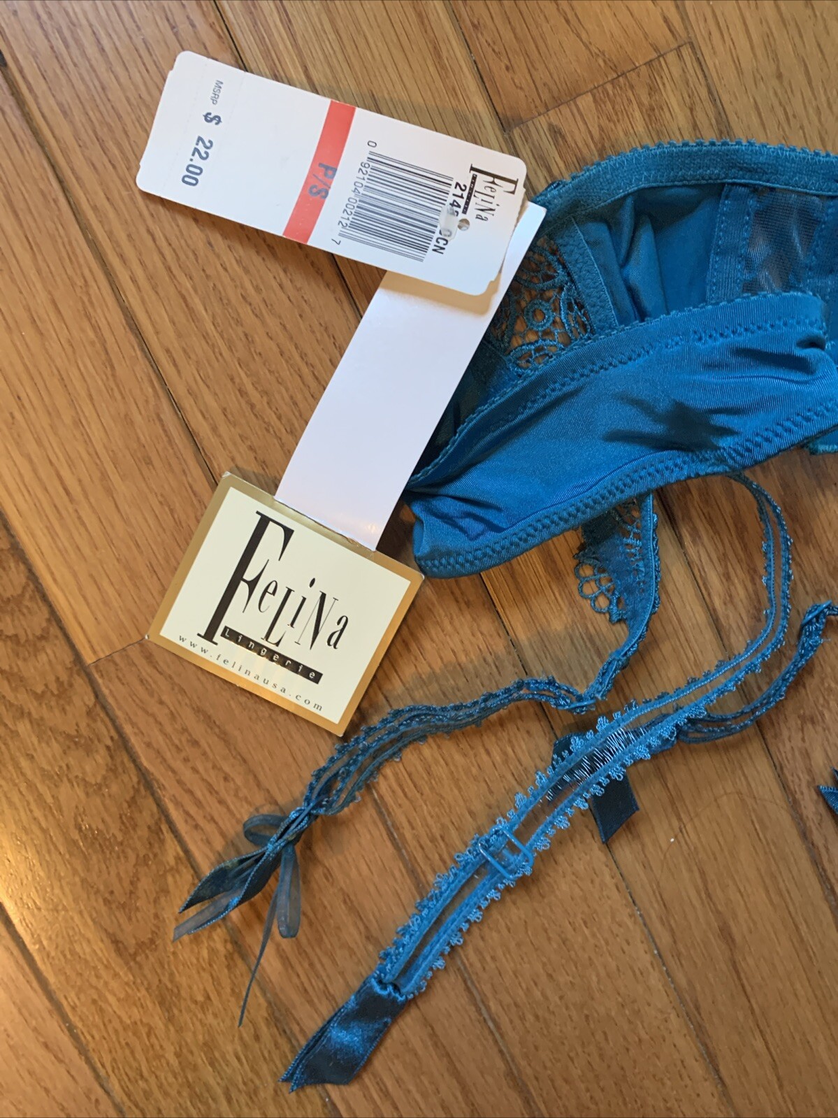 NWT FELINA Lingerie Crochet LACE GARTER BELT Teal 2148 P/S