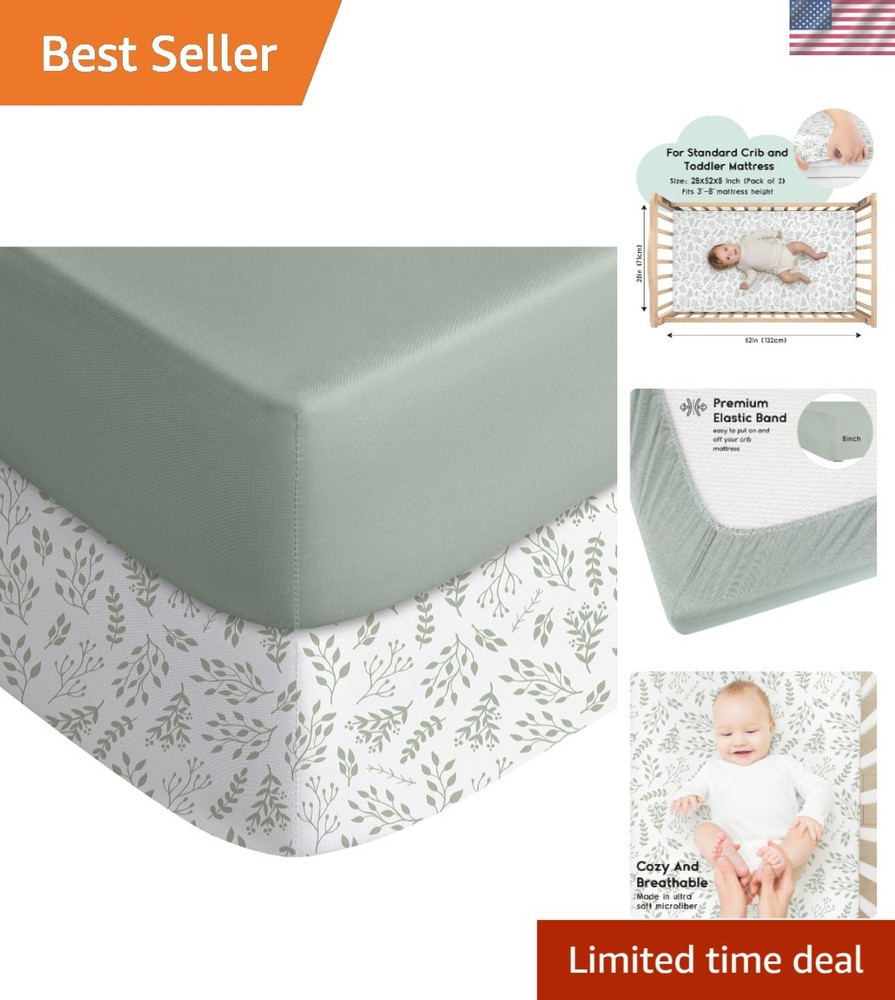 Durable & Easy Care Baby Crib Sheets 2 Pack - Soft Microfiber 28x52 Green Leaf