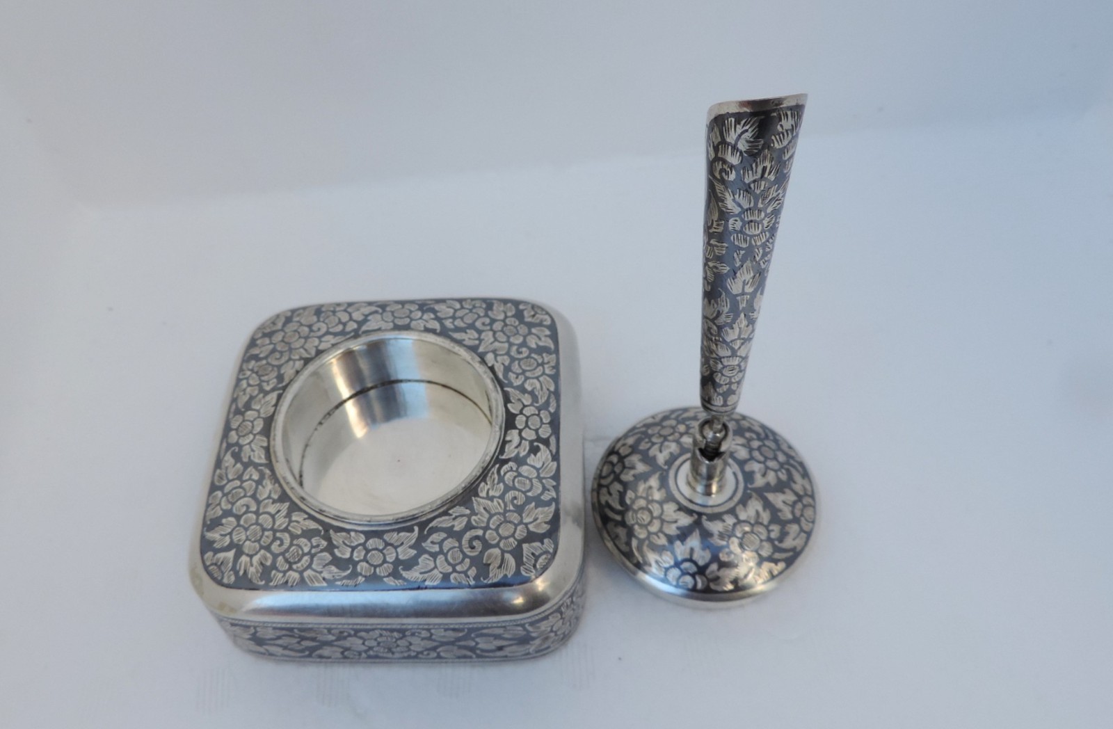Thai Nakon Siam Sterling Silver Niello Pen Pencil Holder box Desktop Stand 205g