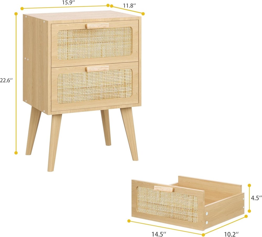 Rattan Nightstand,Boho Bedside with Storage,End Table,Side - Natural