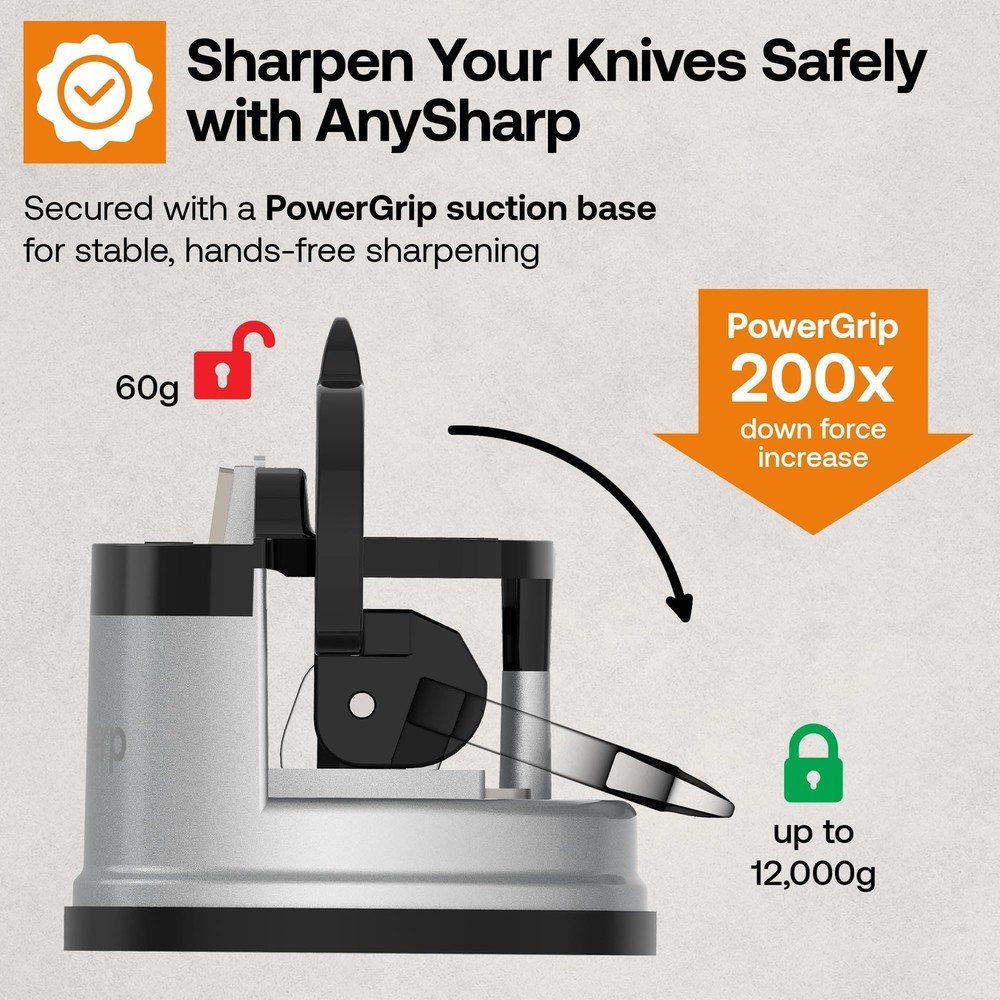 Silver Knife Sharpener with PowerGrip Suction for Effortless Kitchen Use
