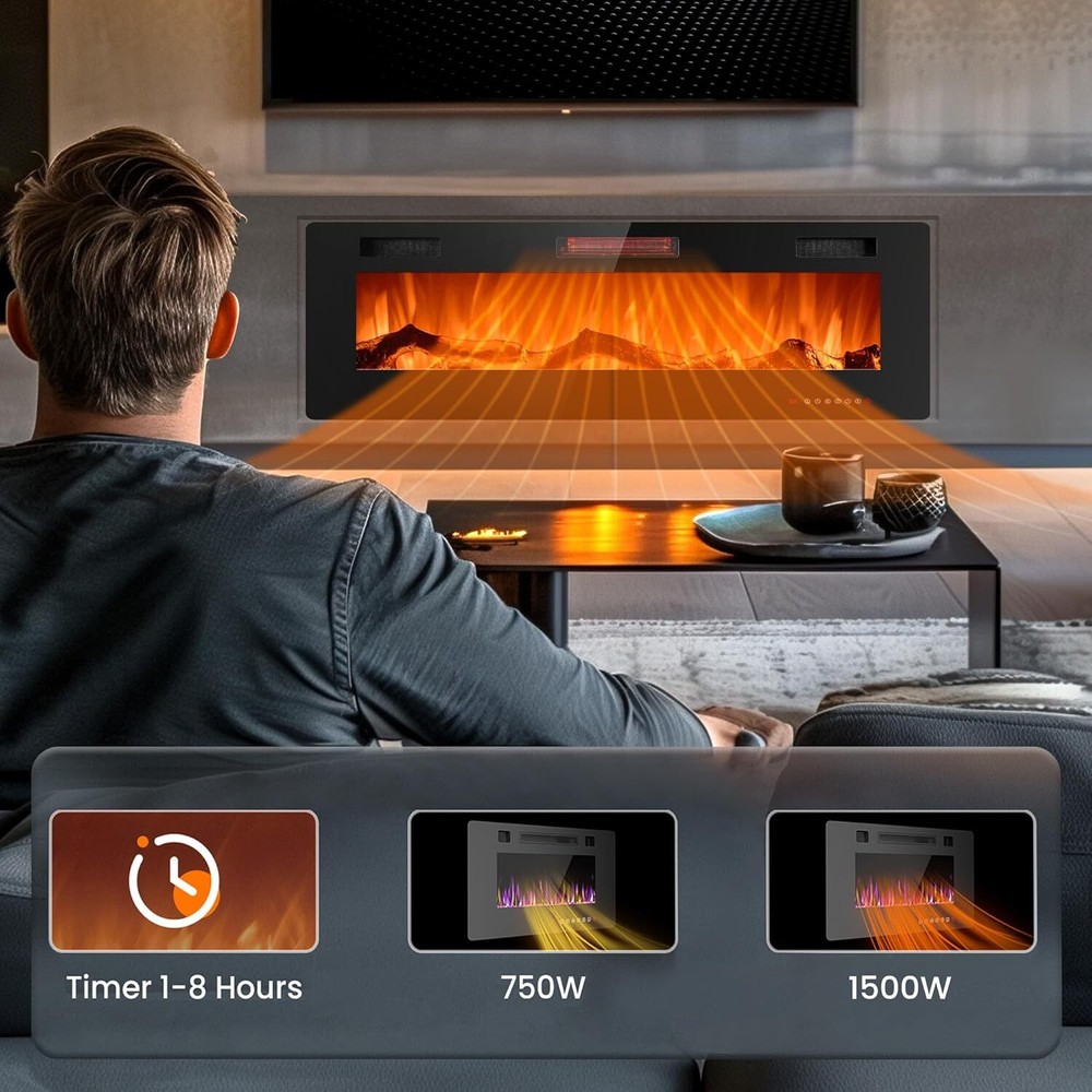 50 Inch Electric Fireplace Inserts, in-Wall Recessed & Wall Mounted,Remote&Timer