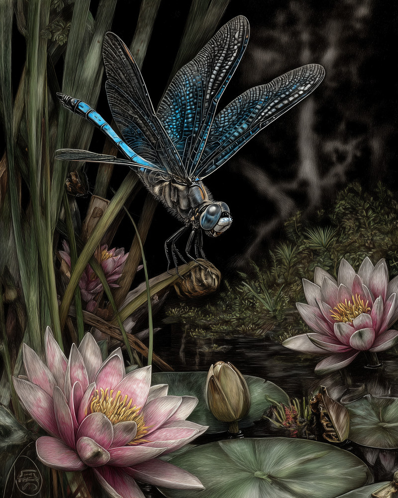 8x10 Dragonfly Perched Forest Illustration - 557610618