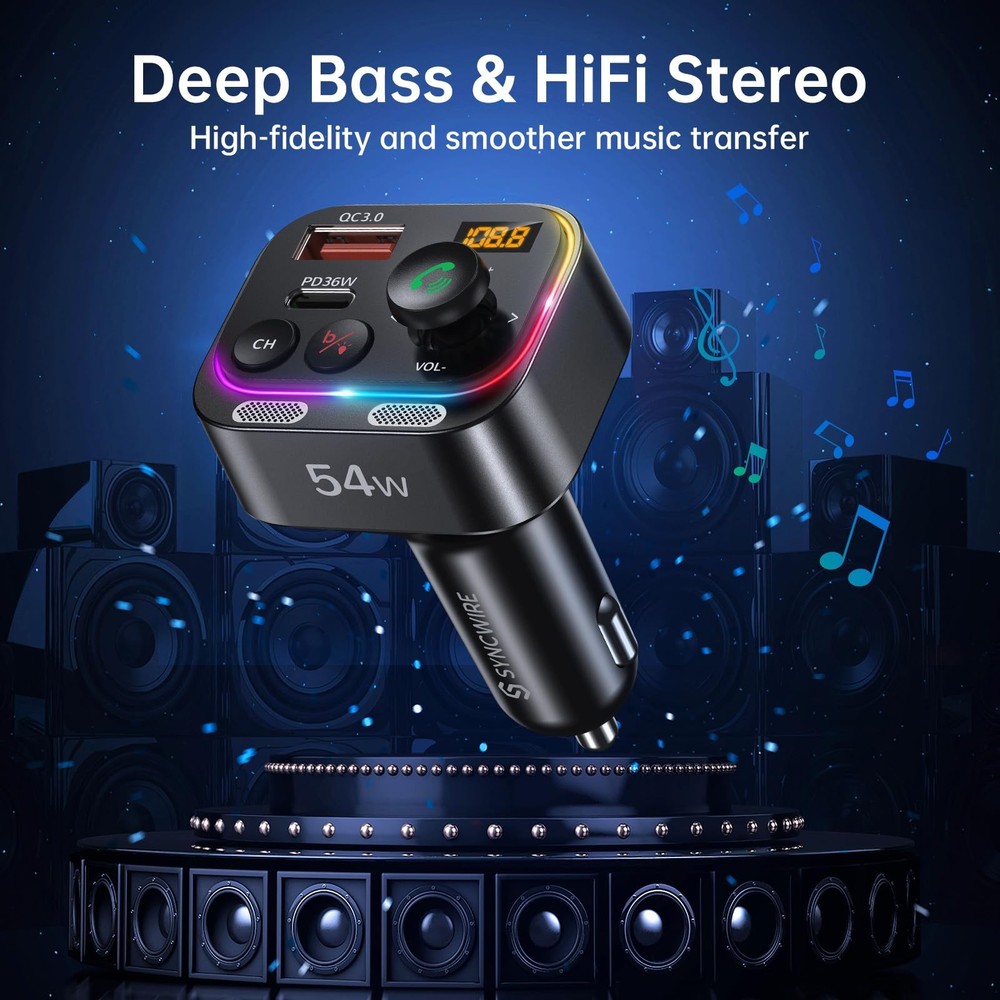 Syncwire Bluetooth 5.4 FM Transmitter Car Adapter 54W PD 36W 18W Stronger Du...