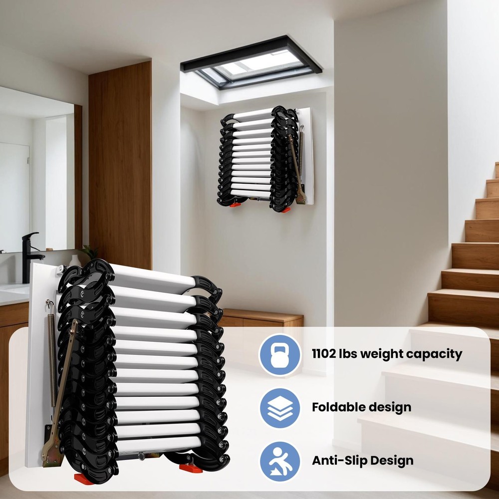 12 Steps Pull Down Attic Stairs Retractable Attic Ladder Folding Stairs White