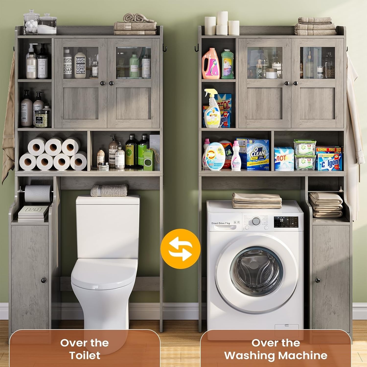 Over The Toilet Storage Cabinet, Farmhouse Bathroom Organizer with Glass Doors