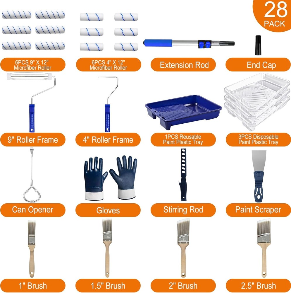 28 PCS PaintRoller Kit with Extension Pole,4"and 9"Paint Roller,Including Gloves