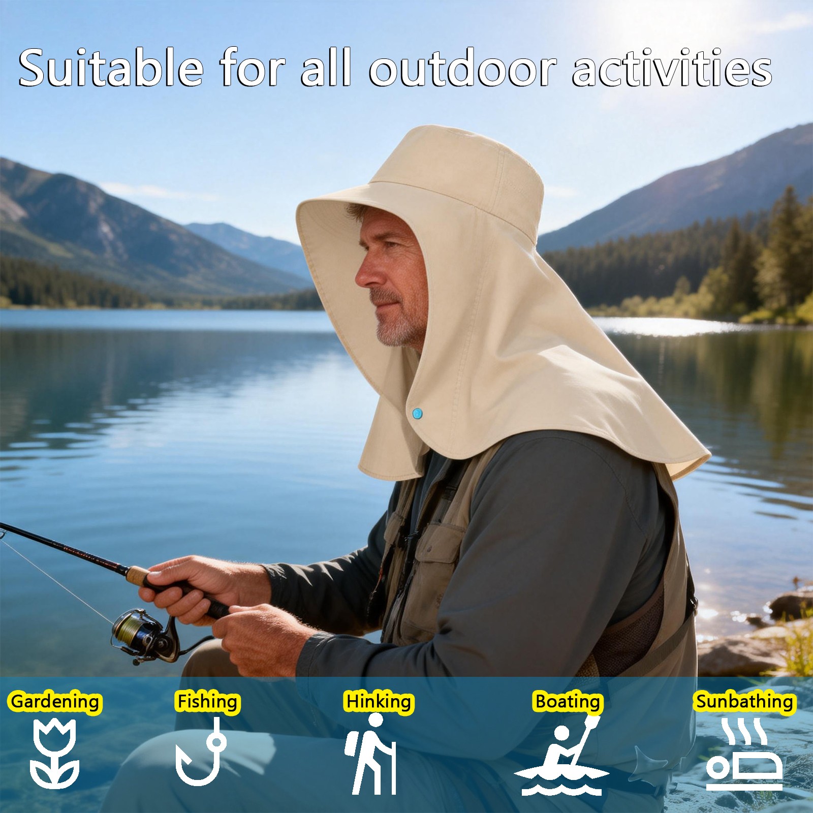 Wide Brim Sun Hat with Neck Flap UV Protection Hiking Fishing Cap for Men Women