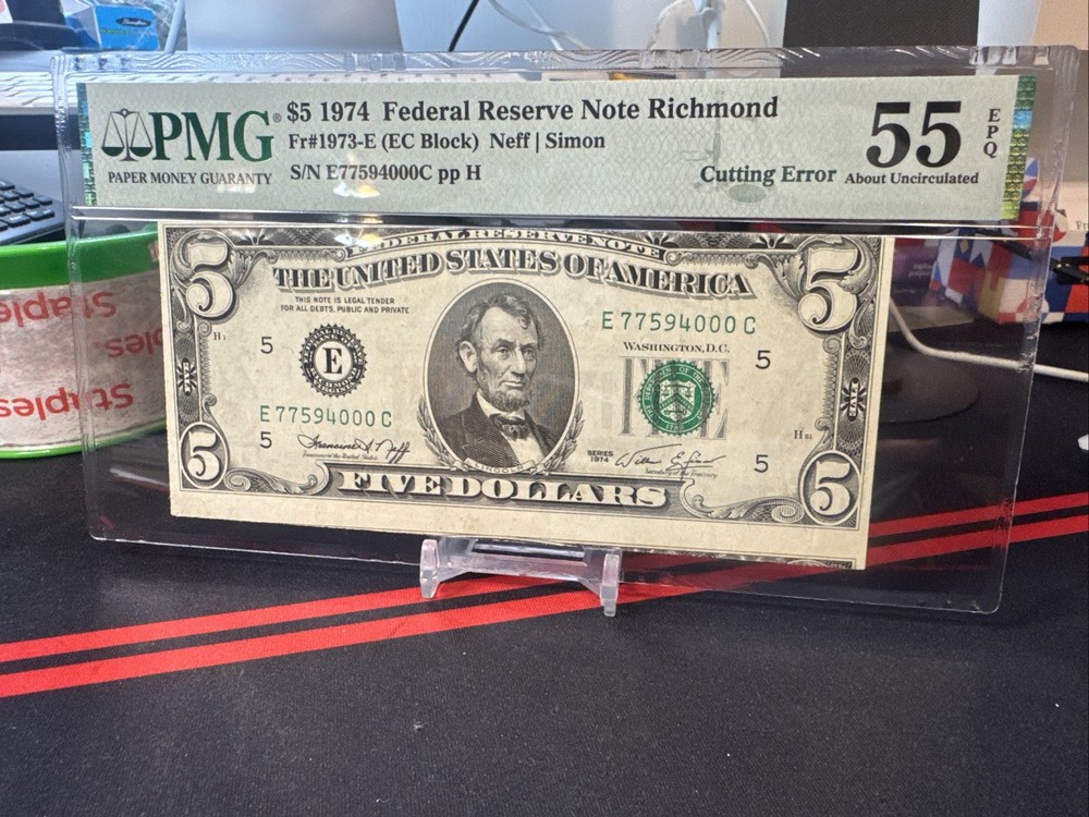 😀 ERROR Note: 1974 $5 FRN CUTTING ERROR (RICHMOND) PMG 55EPQ