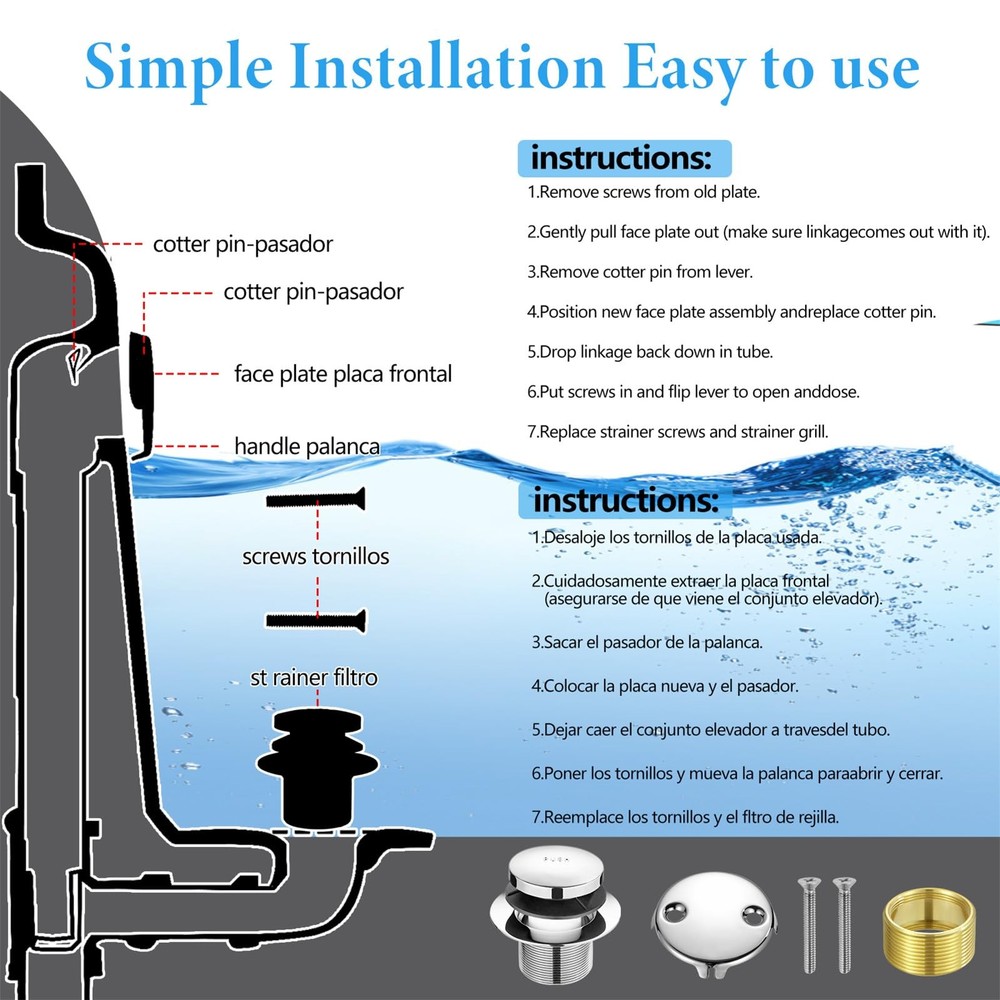 Tip Toe Bathtub Drain Conversion Kit Assembly, Tub Plug Chrome Plated