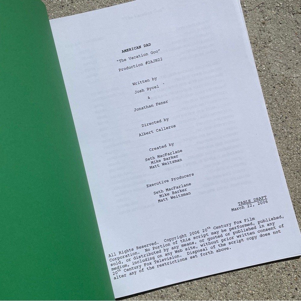 American Dad Scott Grimes Steve Smith Vacation Goo Episode Table Draft Script