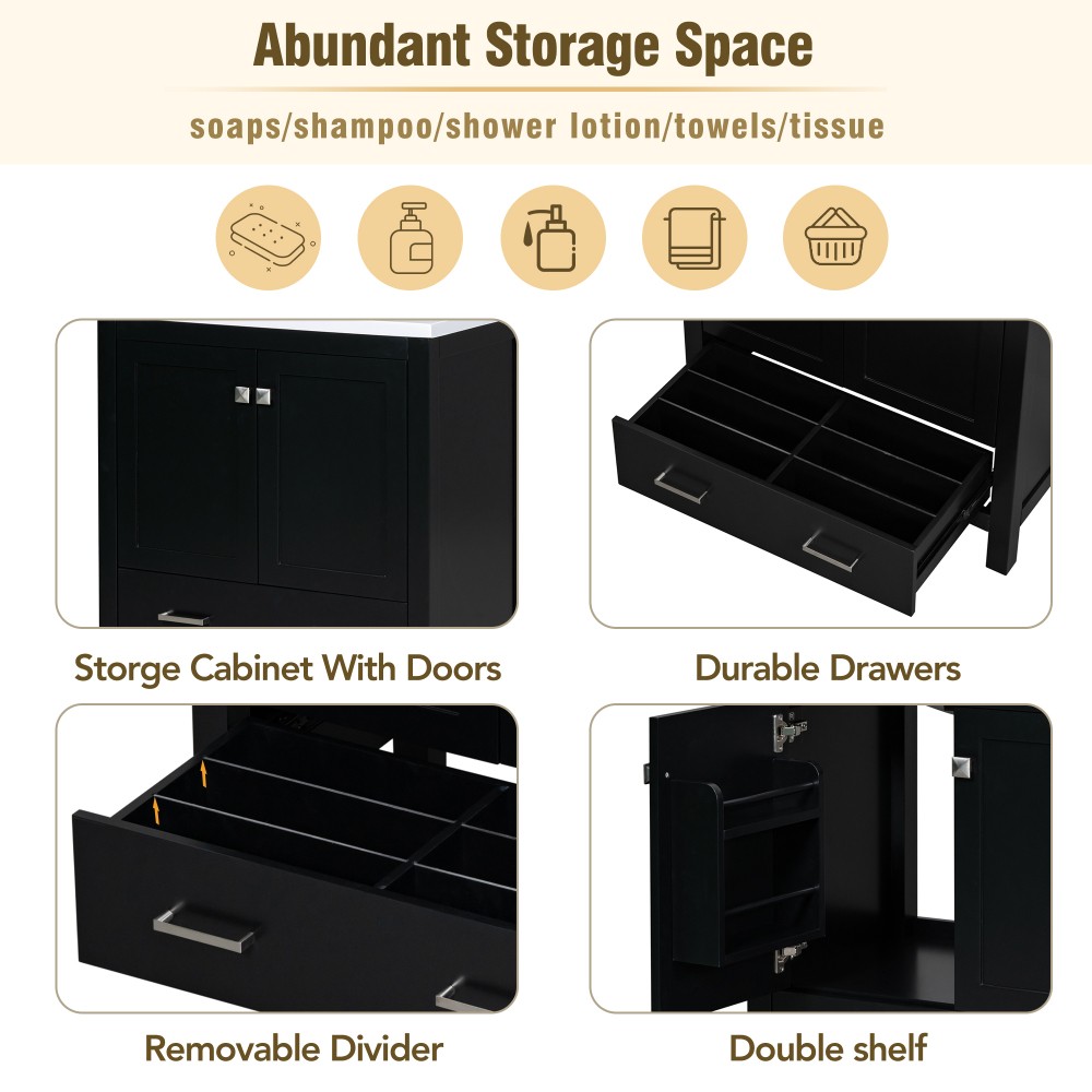 Bathroom Storage Cabinet W 2 Doors Drawer Soft Closing Multifunctional Storage