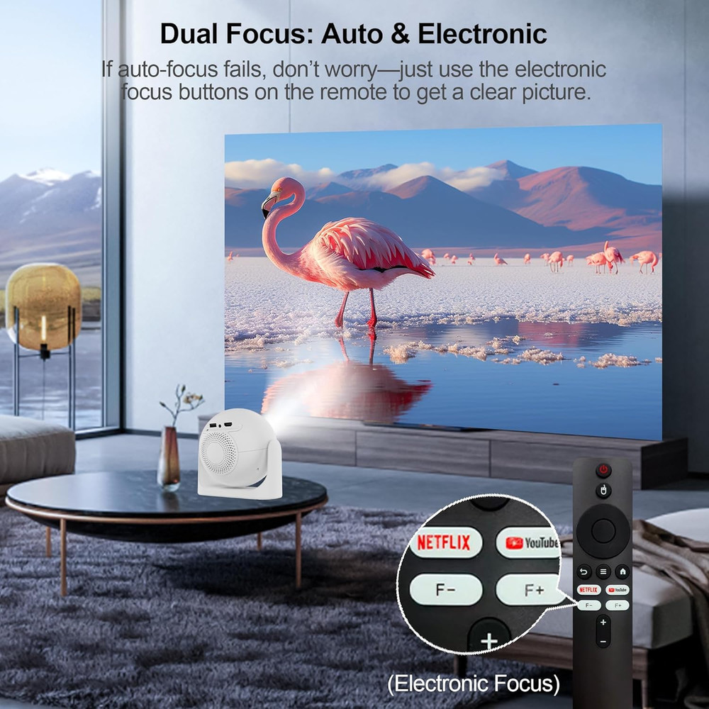 Smart Mini Projector with Wifi & Bluetooth, 4K Support 180° Rotatable Auto Focus