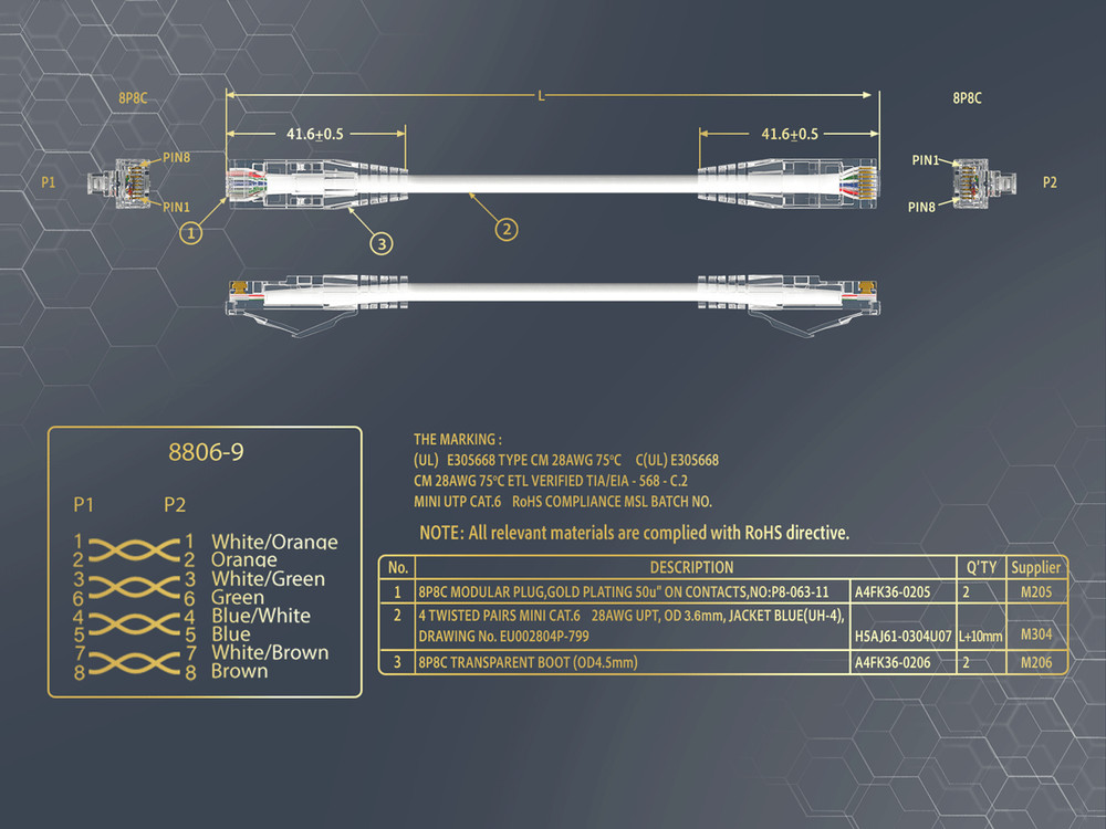 3ft Slim Cat6 28AWG UTP Ethernet Network Patch Cable Snagless, White
