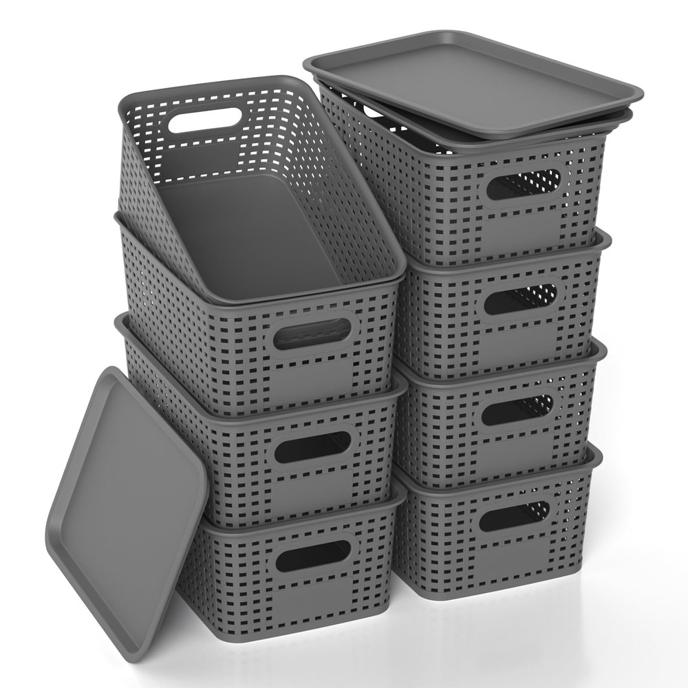 Plastic Storage Basket with Lids, Stackable Small Box Bins for Organizing and...