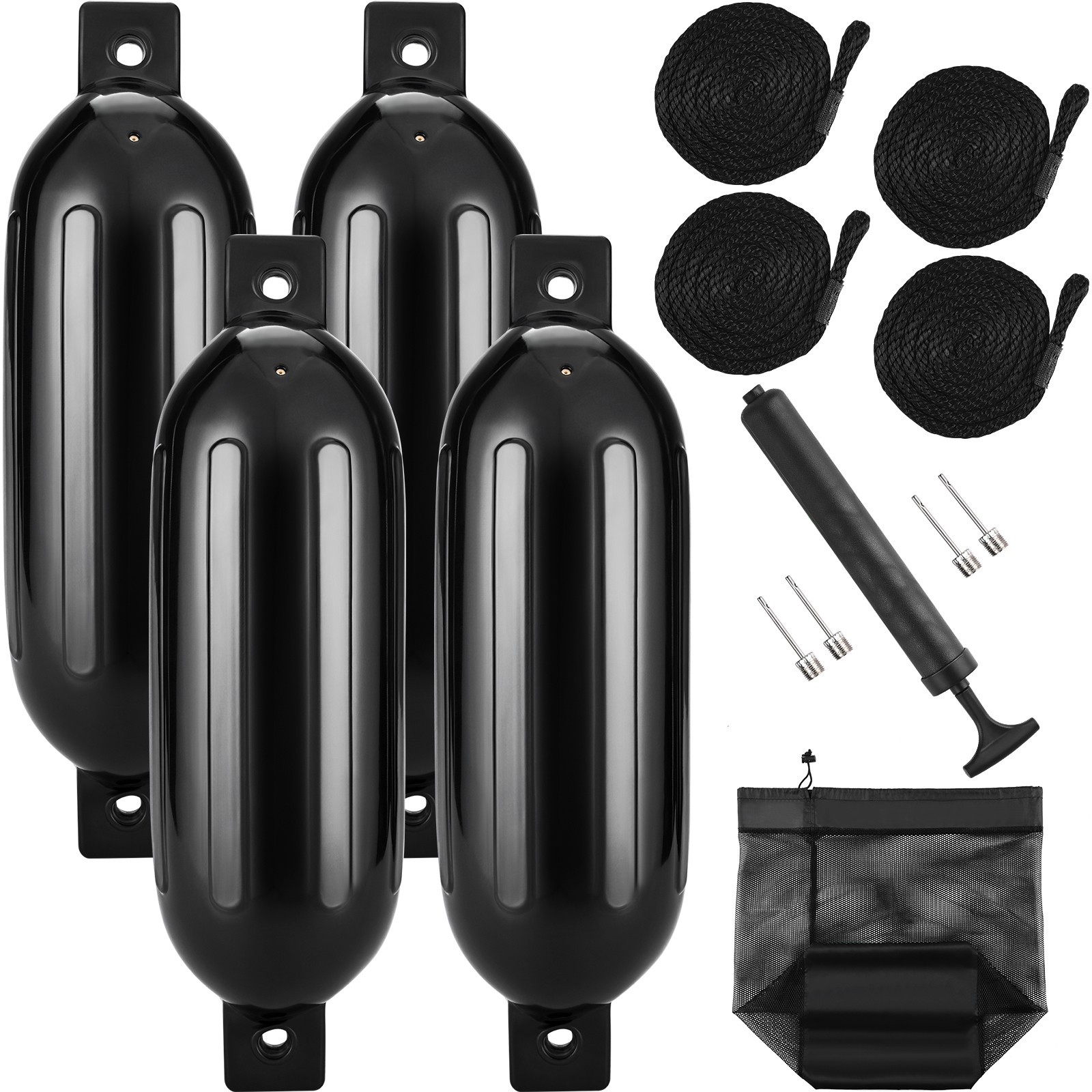4Pcs Boat Fenders Inflatable Ribbed Boat Bumpers for Docking 5.5" x 20" Black